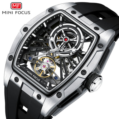MINIFOCUS MF0603G Skeleton Automatic Watch for Men | Stainless Steel Barrel Case | Mechanical Wristwatch with Luminous Hands | MF0603G