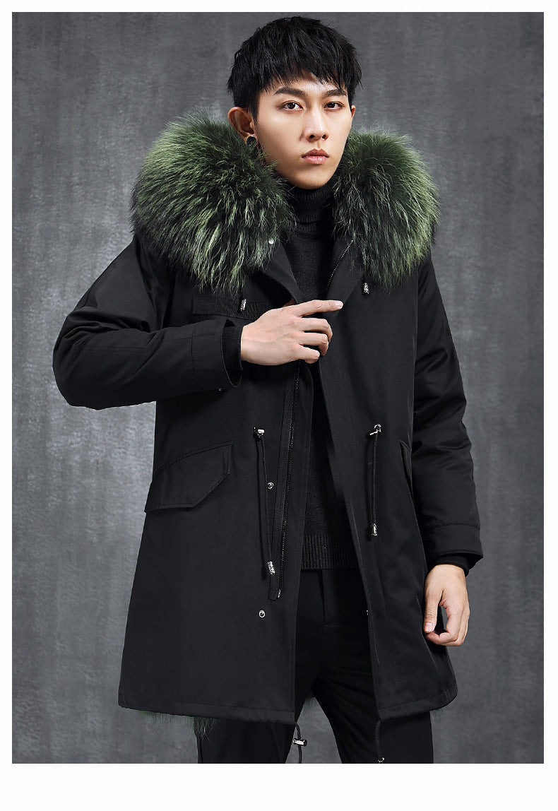 Aourun Men's Long Parka with Fox Fur Trim | 2025 Winter Hooded Jacket | Plush Mid-Length Faux Fur Lined Coat | 210