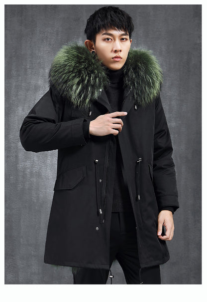 Aourun Men's Long Parka with Fox Fur Trim | 2025 Winter Hooded Jacket | Plush Mid-Length Faux Fur Lined Coat | 210