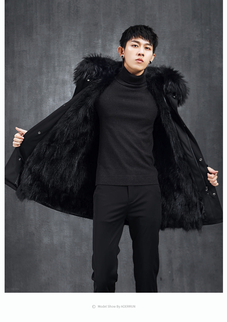 Aourun Men's Long Parka with Fox Fur Trim | 2025 Winter Hooded Jacket | Plush Mid-Length Faux Fur Lined Coat | 210