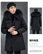 Aourun Men's Long Parka with Fox Fur Trim | 2025 Winter Hooded Jacket | Plush Mid-Length Faux Fur Lined Coat | 210