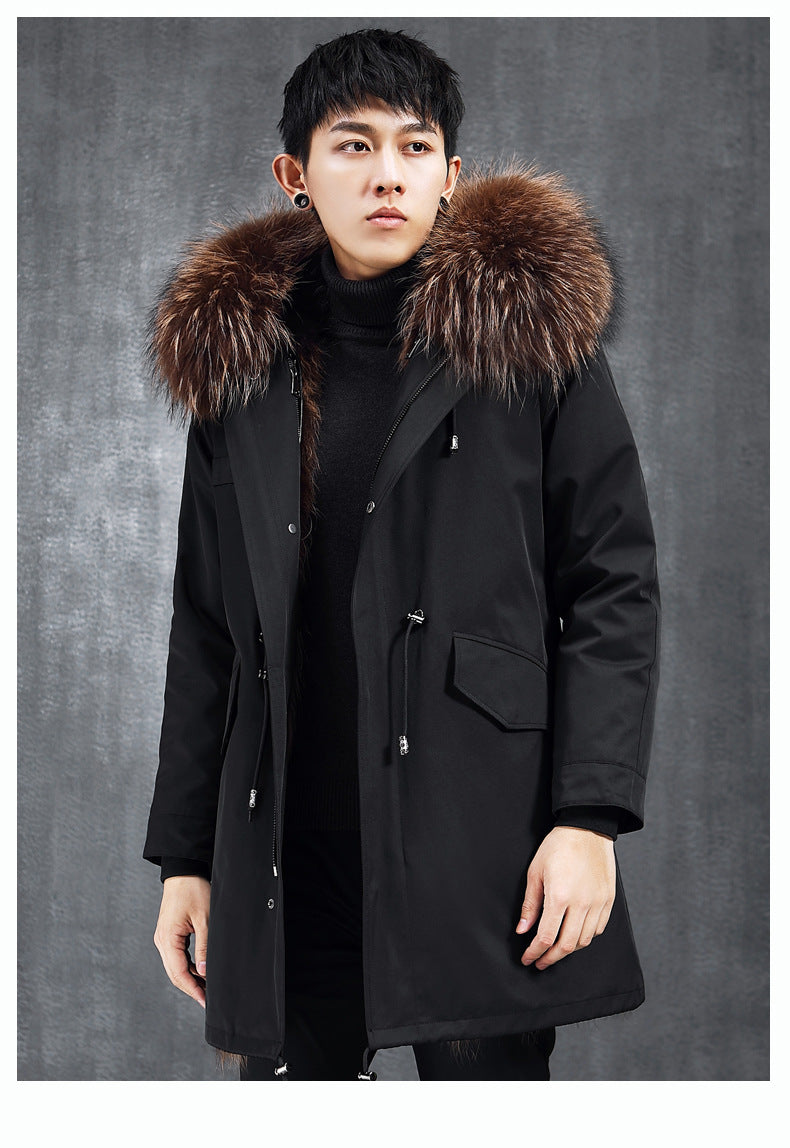 Aourun Men's Long Parka with Fox Fur Trim | 2025 Winter Hooded Jacket | Plush Mid-Length Faux Fur Lined Coat | 210