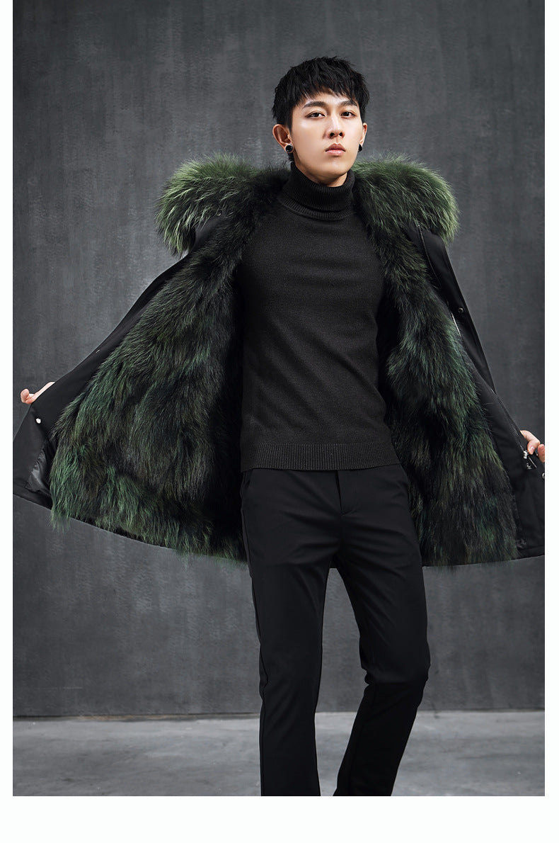 Aourun Men's Long Parka with Fox Fur Trim | 2025 Winter Hooded Jacket | Plush Mid-Length Faux Fur Lined Coat | 210