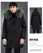 Aourun Men's Long Parka with Fox Fur Trim | 2025 Winter Hooded Jacket | Plush Mid-Length Faux Fur Lined Coat | 210