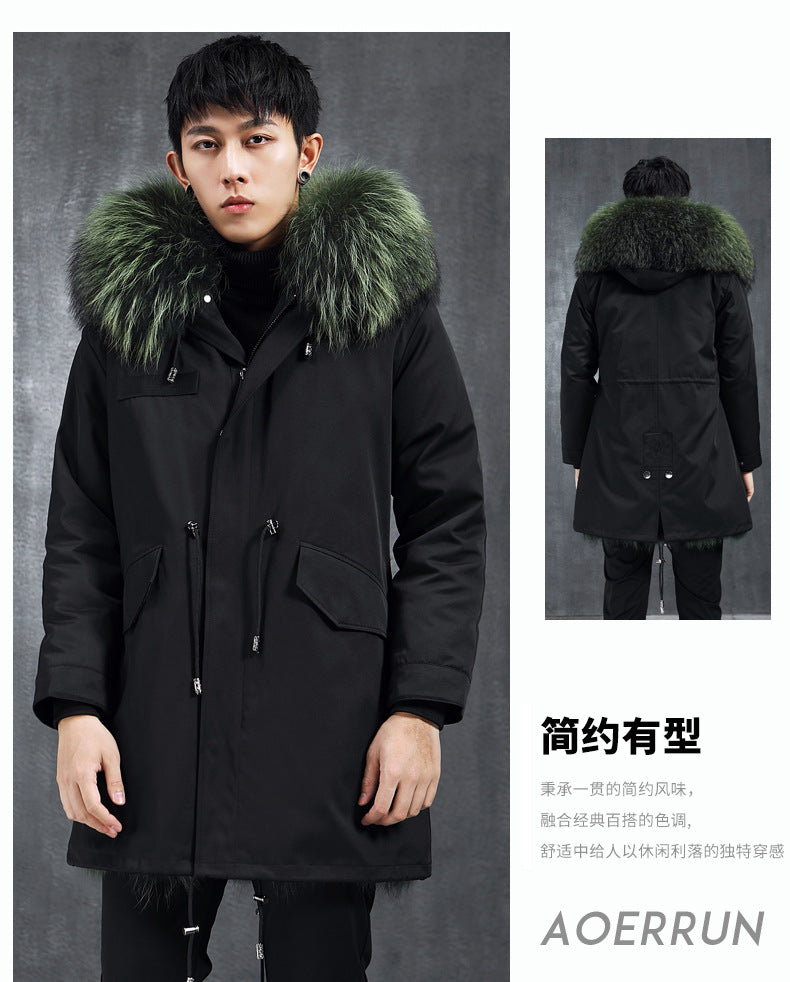Aourun Men's Long Parka with Fox Fur Trim | 2025 Winter Hooded Jacket | Plush Mid-Length Faux Fur Lined Coat | 210
