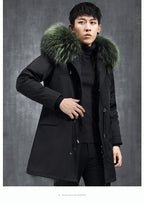 Aourun Men's Long Parka with Fox Fur Trim | 2025 Winter Hooded Jacket | Plush Mid-Length Faux Fur Lined Coat | 210