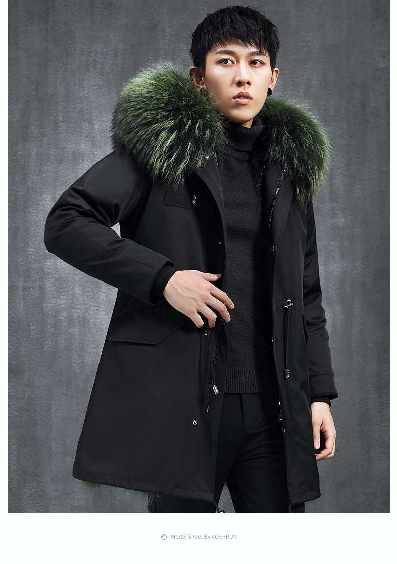 Aourun Men's Long Parka with Fox Fur Trim | 2025 Winter Hooded Jacket | Plush Mid-Length Faux Fur Lined Coat | 210