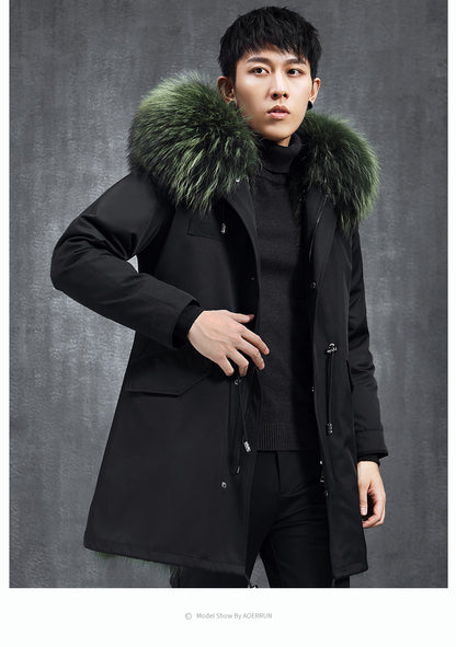 Aourun Men's Long Parka with Fox Fur Trim | 2025 Winter Hooded Jacket | Plush Mid-Length Faux Fur Lined Coat | 210
