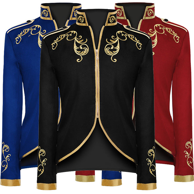 Medieval Royal Prince Jacket | Gold Embroidered Stand Collar Coat | Halloween Noble Cosplay Costume for Men & Women