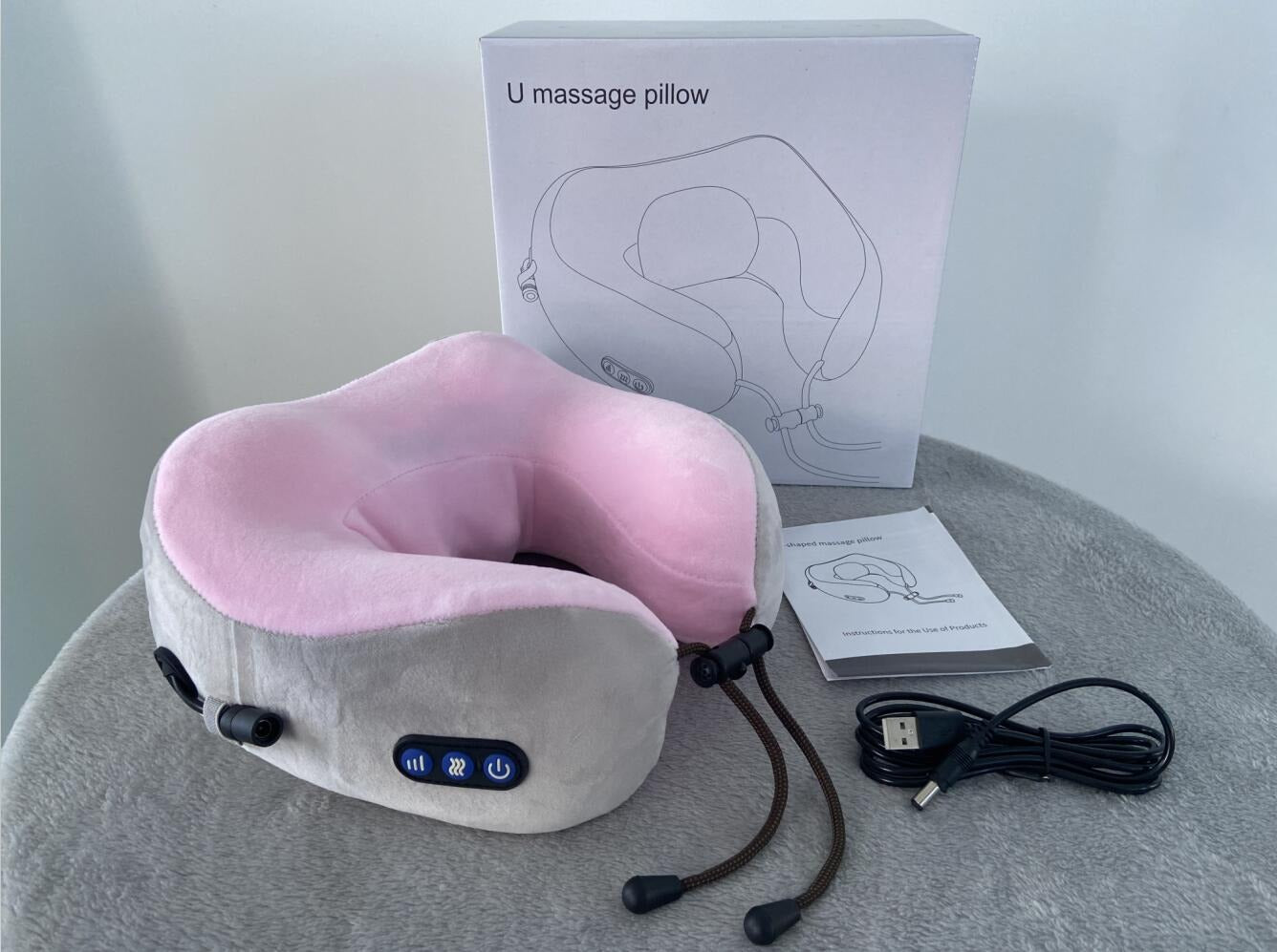 Electric Rechargeable Travel Pillow Relax Massager Heated Vibrating Soft Neck Massage