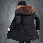 Aourun Men's Long Parka with Fox Fur Trim | 2025 Winter Hooded Jacket | Plush Mid-Length Faux Fur Lined Coat | 210