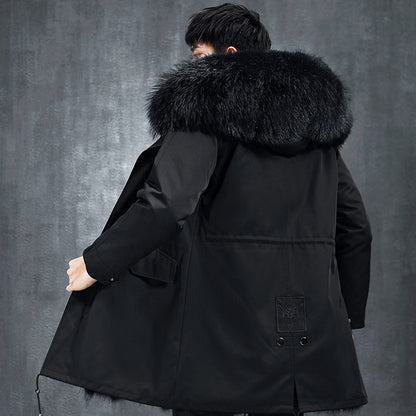Aourun Men's Long Parka with Fox Fur Trim | 2025 Winter Hooded Jacket | Plush Mid-Length Faux Fur Lined Coat | 210