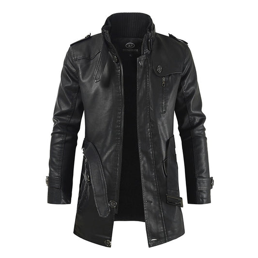 High Quality Casual Pu Leather Jacket Waterproof Thick Stand Collar Zipper Long Coat