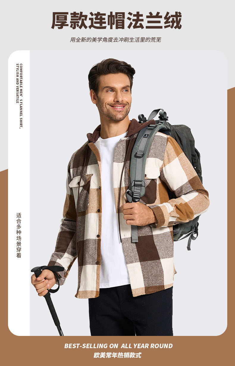 Men's Thick Hooded Plaid Flannel Shirt European & American Style Warm & Loose Fit | S02