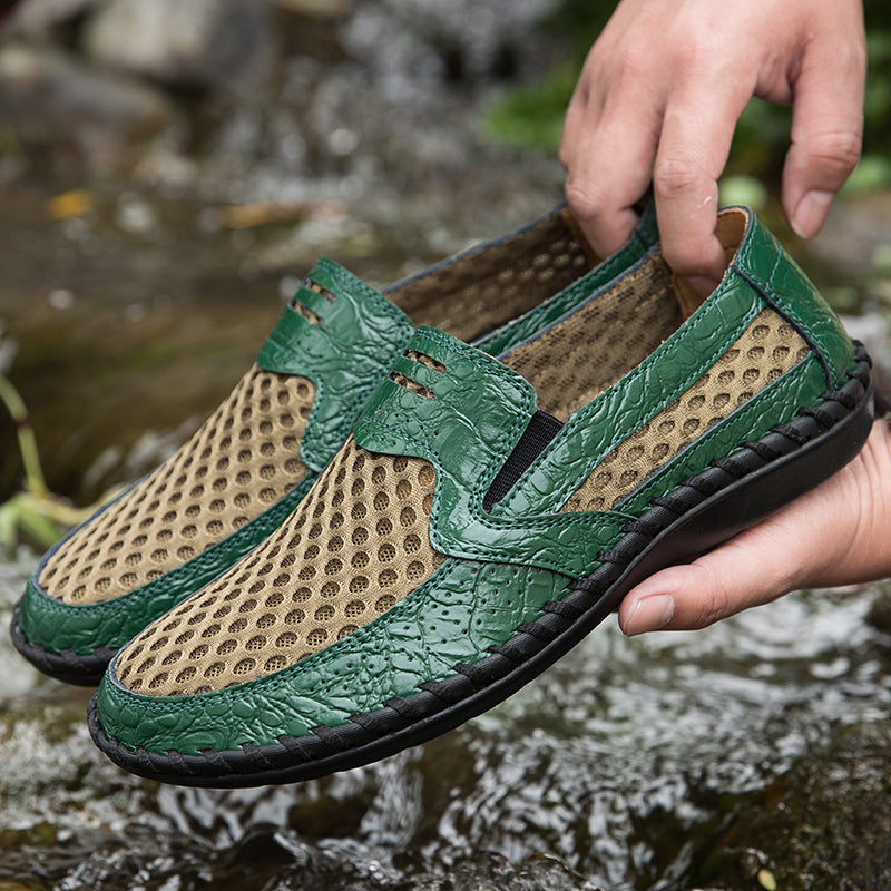 Men's Lightweight Loafers Cowhide Retro Hand-Sewn Slip-On Driving Shoes with Soft Mesh Sole for Outdoor Travel | HB3399