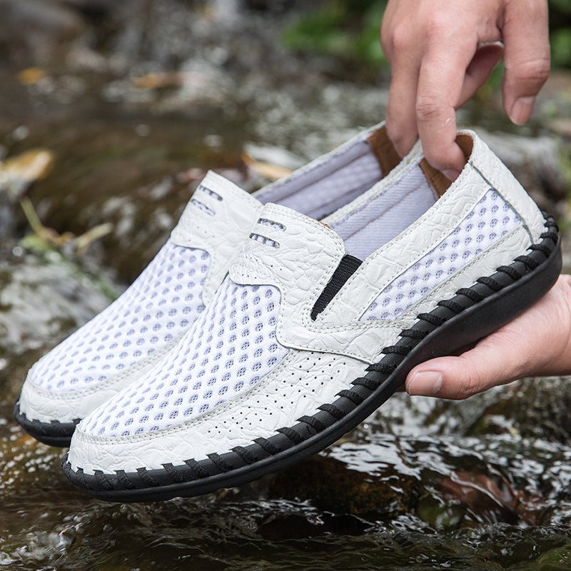 Men's Lightweight Loafers Cowhide Retro Hand-Sewn Slip-On Driving Shoes with Soft Mesh Sole for Outdoor Travel | HB3399