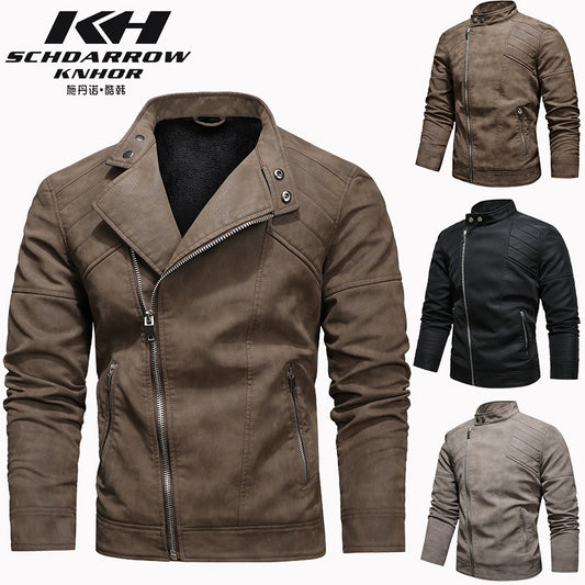 Men's PU Leather Jacket Padded Lapel Oblique Lapel Zipper Korean Stand-up Collar Jacket Blazer | KH-138