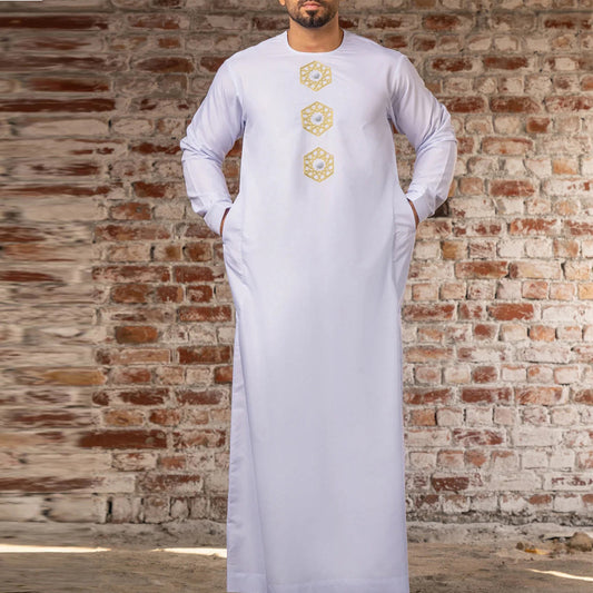 Men's Muslim Long Sleeve Embroidered Dress Casual Ethnic Arab Thobe for Stylish Comfort | 03