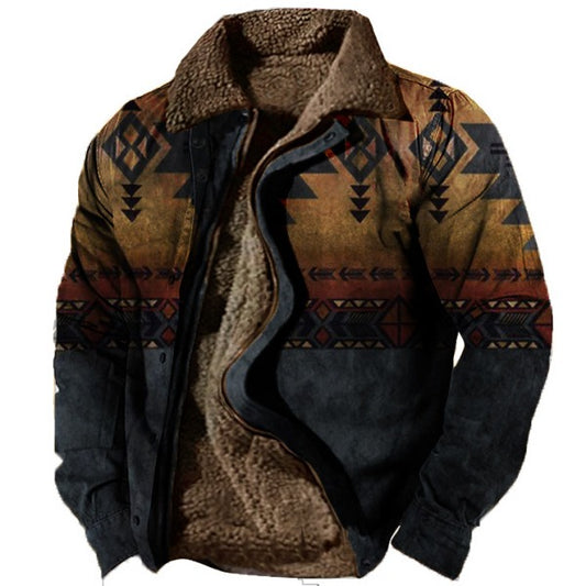 Men's Plus Size Fleece Sherpa Vintage Jacket Aztec Style Zip & Button Up Thick Winter Tactical Lapel Collar Cargo Coat