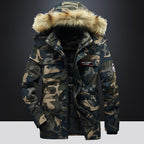 Men's Versatile Camouflage Fleece-Lined Military Jacket with Fur Hood & Multi Pockets
