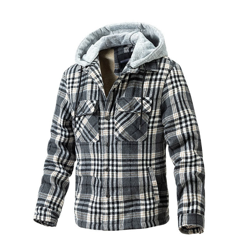 Winter Men's Jacket Plaid Wool Heavy Plus Size Shirt Checkered Hooded Coat Oversize Top
