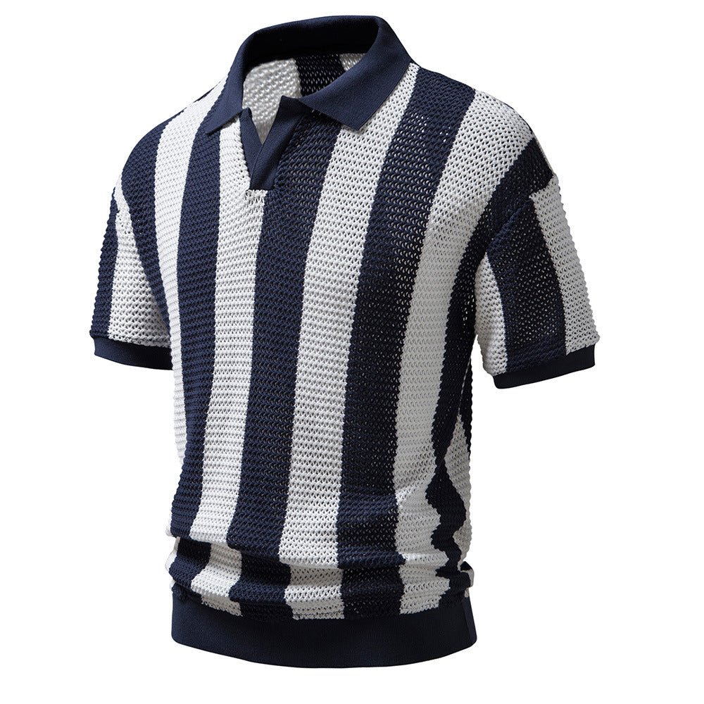 Men's Mesh Fishnet Short Sleeve Hollow Out Summer Lapel Polo T Shirt | PL220