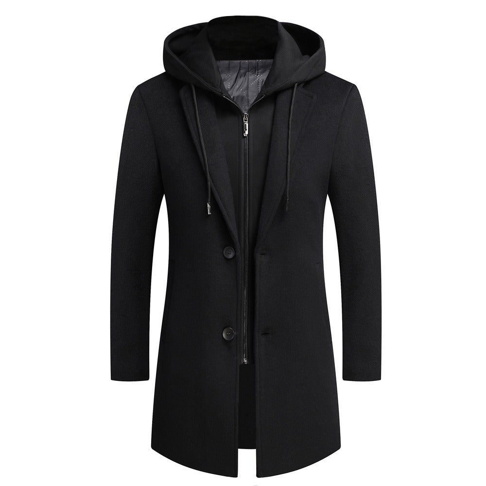 Men's Detachable Hooded Wool Jacket Windproof Mid-Length Coat Casual Thick Trench Coat | 1909-3