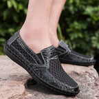 Men's Lightweight Loafers Cowhide Retro Hand-Sewn Slip-On Driving Shoes with Soft Mesh Sole for Outdoor Travel | HB3399