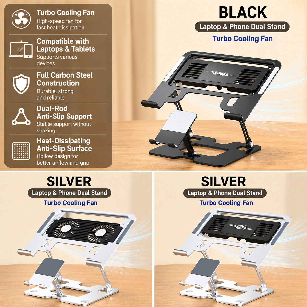 Laptop & Phone 2-in-1 Cooling Stand with Fans | Silent Turbo-Fan Elevator for Gaming Laptops | Height-Adjustable Aluminum Riser | 112