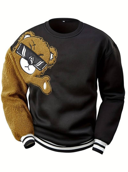 Men's Cartoon Bear Embroidered Crew Neck Plus Size Sweatshirt Polyester Fabric Vibrant Animal Pattern Top Casual Wear Knit Fabric Shirt