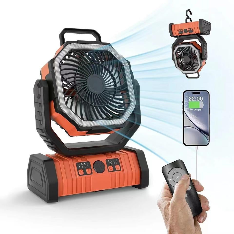 Ventilatore da campeggio portatile ricaricabile per esterni con gancio Ventilatore da tavolo USB con luce LED di emergenza e power bank per picnic, escursionismo, pesca 