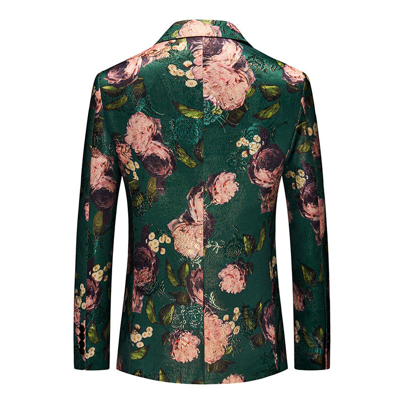 Men's Emerald Green Floral Jacquard Blazer | Slim Fit Master of Ceremonies Suit Jacket | Korean Style Business Casual Sport Coat | 2512