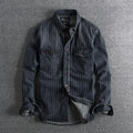 Men's Retro Heavy Distressed Denim Shirt Slim Fit Striped Long Sleeve Shirt | 8833