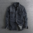 Men's Retro Heavy Distressed Denim Shirt Slim Fit Striped Long Sleeve Shirt | 8833