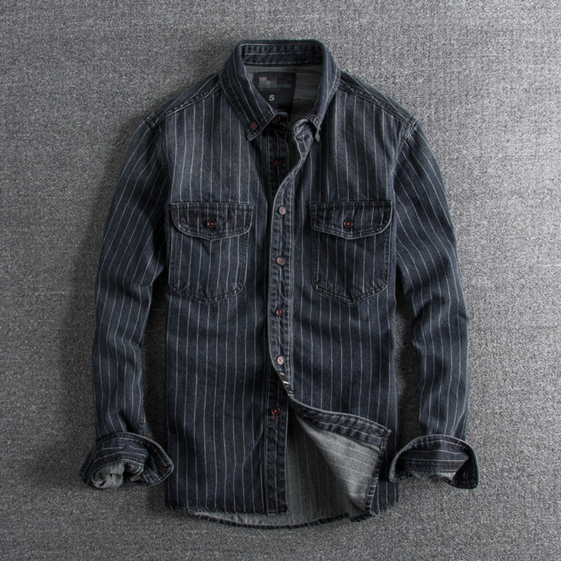 Men's Retro Heavy Distressed Denim Shirt Slim Fit Striped Long Sleeve Shirt | 8833