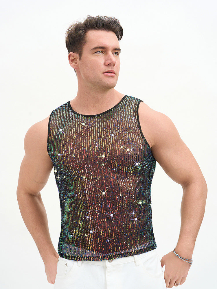 WINUU Men‘s Mesh Sequin Tank Top Rave Party Vest for Clubs & Music Festivals Shiny Glitter Muscle Tee Shirt
