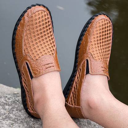 Men's Lightweight Loafers Cowhide Retro Hand-Sewn Slip-On Driving Shoes with Soft Mesh Sole for Outdoor Travel | HB3399