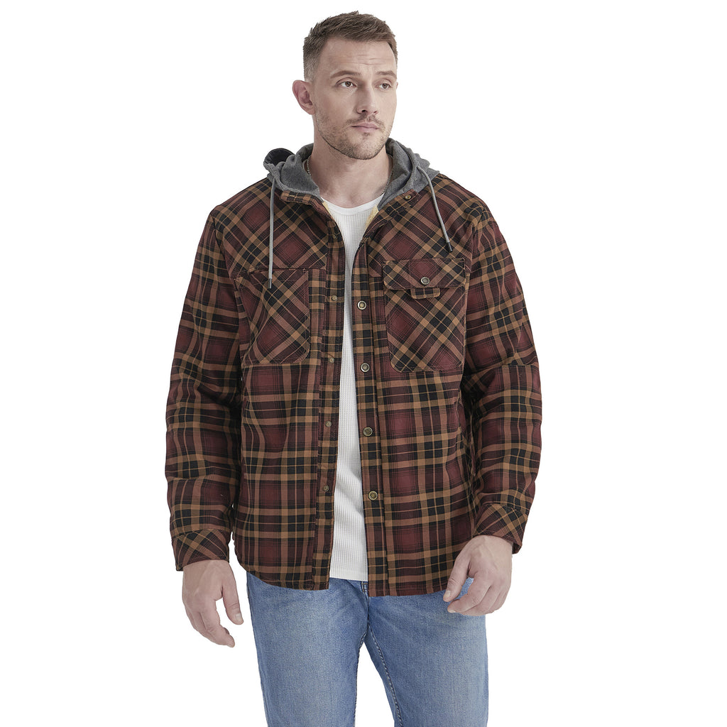 Men's Plaid Checked Shirt Jacket Plus Size Velvet Lined Windproof Warm Hooded Cotton Coat | 3252