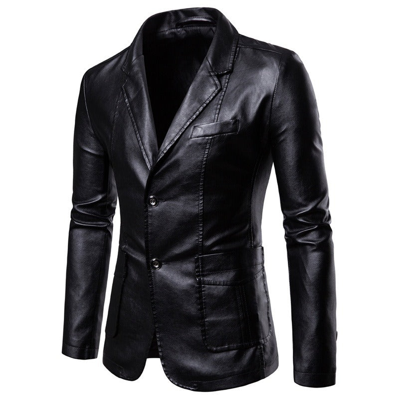 Men Suit Leather Jacket Casual Classic Business Motorcycles PU Leather Blazer Coat | 1412