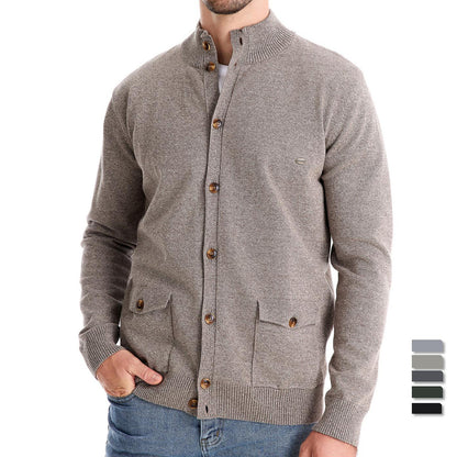 Men's Cotton Cable Knit Cardigan with Pockets, Stand Collar, Button-Down Sweater | CW61