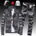 Men's Denim Jacket Jeans Pants Letters Printing Trousers 3 Pcs Set Casual Single Breasted