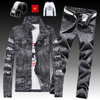 Men's Denim Jacket Jeans Pants Letters Printing Trousers 3 Pcs Set Casual Single Breasted