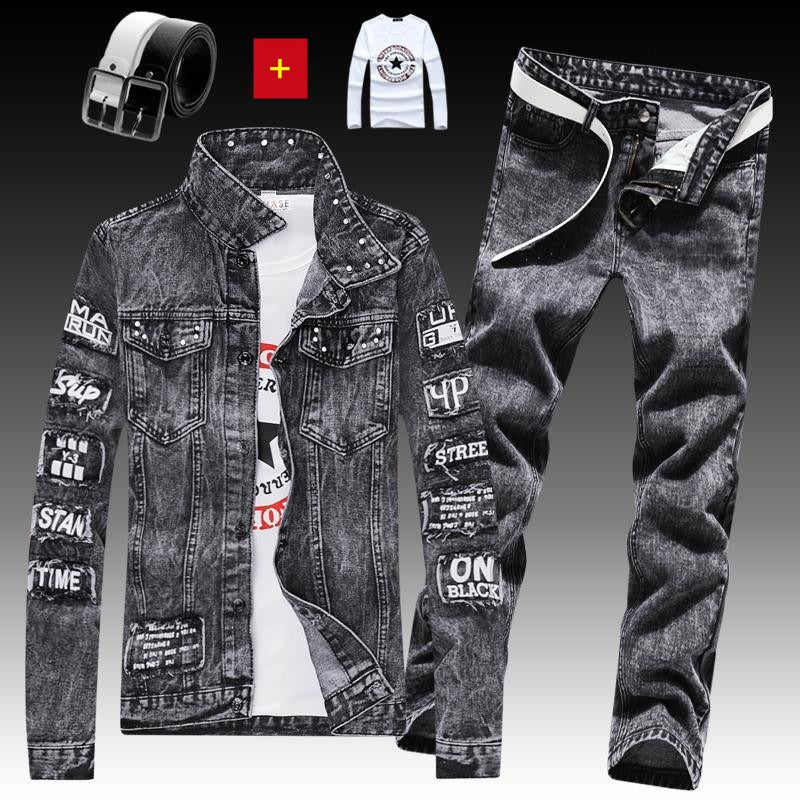 Men's Denim Jacket Jeans Pants Letters Printing Trousers 3 Pcs Set Casual Single Breasted