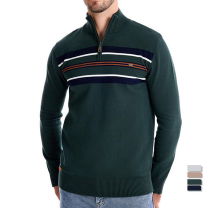 Winter Mock Neck Cotton Pullover Knit Business Strip Ribbed Turtleneck Sweaters for Men | SW155