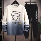 Men's 2 Piece Sweat Set Trousers Casual Pullover T-shirt Outer Wear Loose All-Match Gradient Color Long Sleeve Student Tops