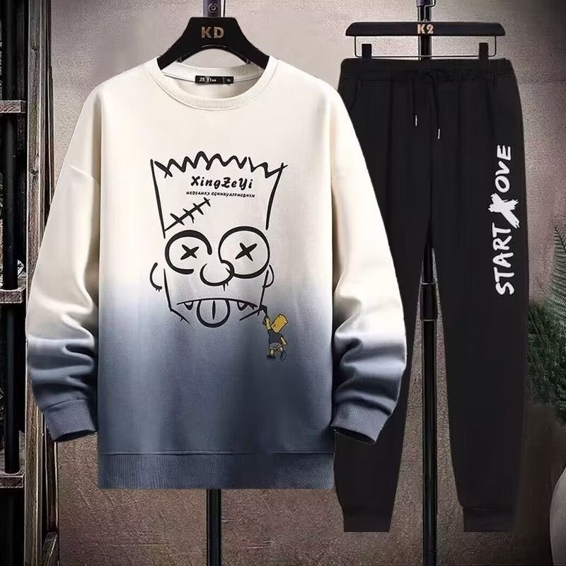 Men's 2 Piece Sweat Set Trousers Casual Pullover T-shirt Outer Wear Loose All-Match Gradient Color Long Sleeve Student Tops