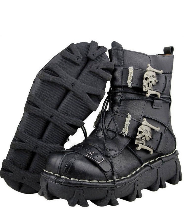 Men's Genuine Leather Harley Boots | Skull Design Motorcycle Ankle Boots | Waterproof & Anti-Slip Work Boots | 1809