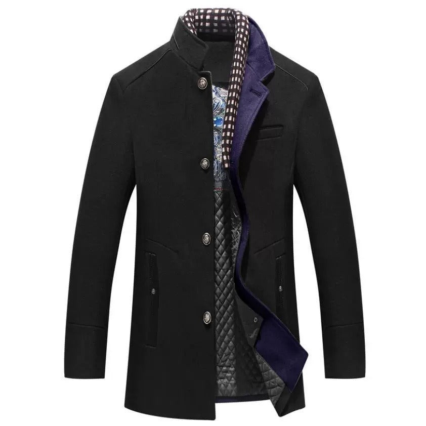 Men Posh Quality Winter Single Breasted Casual Woolen Coat Thick Collar Scarf Jacket 2106