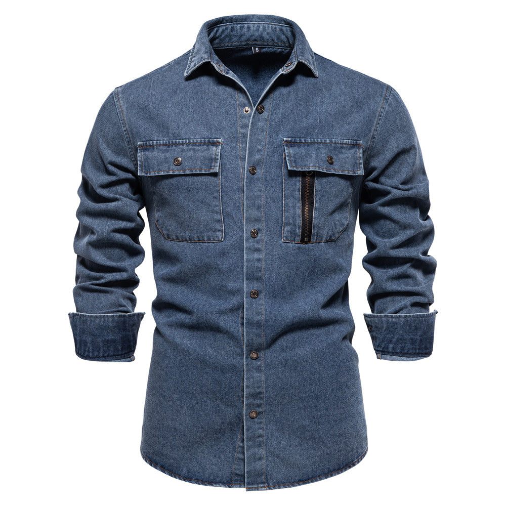 Men’s Washed Denim Shirt – Long Sleeve 100% Cotton Casual Button-Up Top | 6025