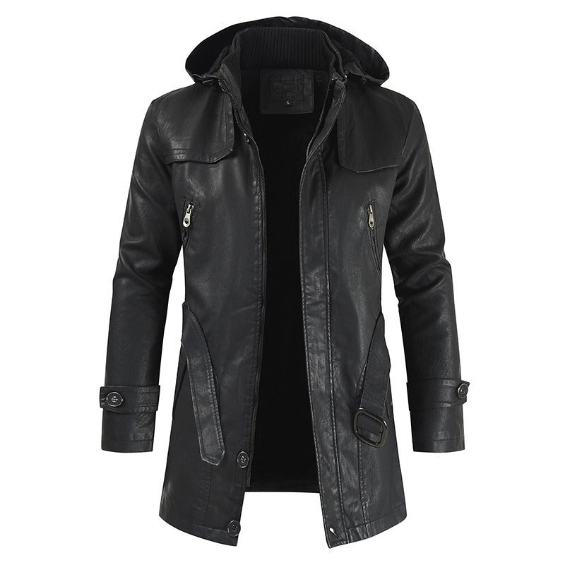 Men's Mid-Length Leather Jacket Youth PU Leather Windbreaker Jacket